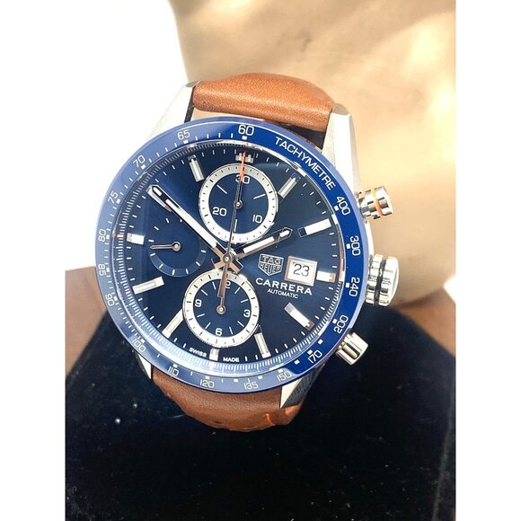 Tag Heuer Carrera Men's Watch CBM2112 Swiss Automatic Blue Dial Brown Leather - Picture 1 of 15